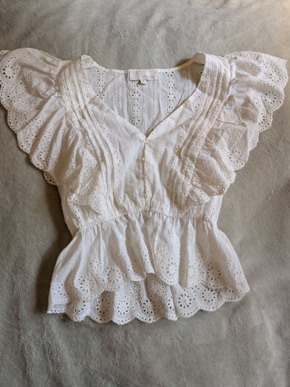 WOMEN'S LACE BLOUSE Pinch S Small Eyelet Button Up Ruffle Sleeves White Cinched